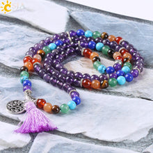 Load image into Gallery viewer, Reiki Natural 7 Chakra Multi-layer Yoga Charms Bracelets Women Purple Quartz 108 Mala Beads Meditation Healing Tassel