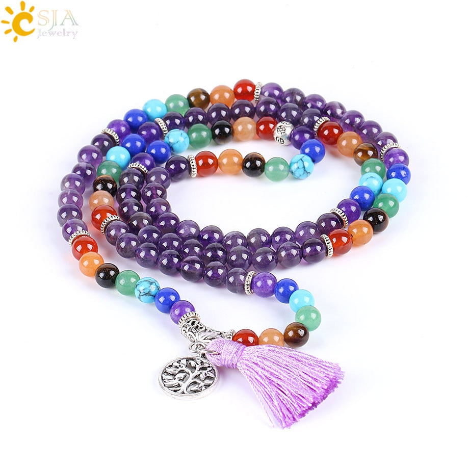 Reiki Natural 7 Chakra Multi-layer Yoga Charms Bracelets Women Purple Quartz 108 Mala Beads Meditation Healing Tassel