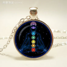 Load image into Gallery viewer, Chakra Symbols Pendant. Chakra Symbols Sign Necklace.  Glass Cabochon
