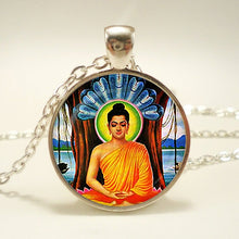 Load image into Gallery viewer, Chakra Symbols Pendant. Chakra Symbols Sign Necklace.  Glass Cabochon
