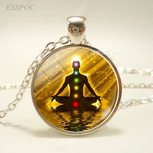 Load image into Gallery viewer, Chakra Symbols Pendant. Chakra Symbols Sign Necklace.  Glass Cabochon
