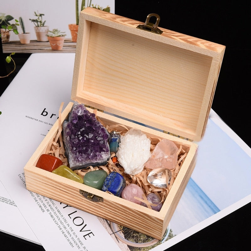 11Pcs Crystals and Healing Stones Kit With Wood Box 7 Raw Chakra Pendulum Rose Quartz Natural Gemstones Kit