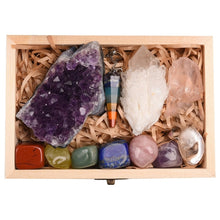 Load image into Gallery viewer, 11Pcs Crystals and Healing Stones Kit With Wood Box 7 Raw Chakra Pendulum Rose Quartz Natural Gemstones Kit
